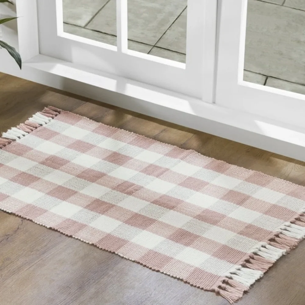 My Texas House Gingham Fringe Day Layering Rug, Pink and White, 24